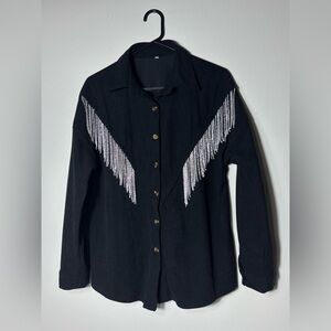 Corduroy Look Western Fringe Button-Up Shirt Black Long Sleeve Women's M